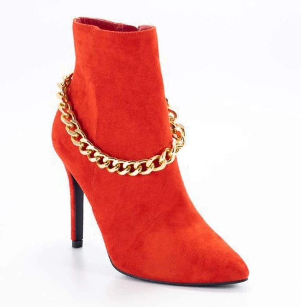 NEW Mata Red Chain Detailed Suede Stiletto Booties Cravings Boutique Size 9